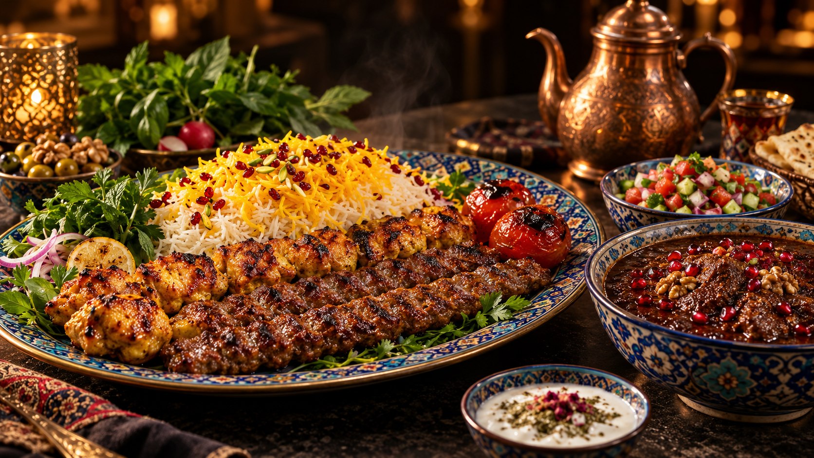 سفرهٔ ایرانی با چلو کباب، فسنجان و سالاد در ظروف سنتی